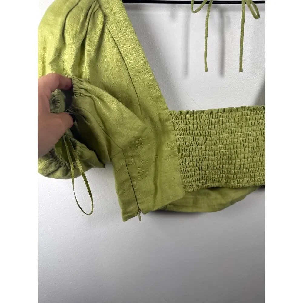 Reformation 100% Linen Puff Sleeve Crop Top Green, Size 10